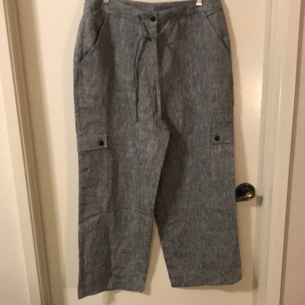 Finity Naturals Gray & White Tweed 100% Linen Cropped Cargo Pant Size 10